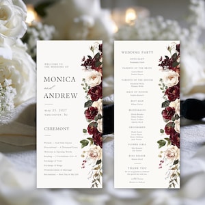 Può includere: Due cartoncini verticali per il programma di nozze su sfondo bianco. Il cartoncino a sinistra riporta Welcome to the Wedding of Monica and Andrew, May 25, 2027, Vancouver, BC e Ceremony. Quello a destra elenca il Wedding Party, genitori e testimoni.