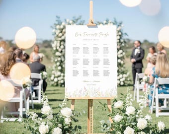 Modèle de plan de table fleurs sauvages 18 x 24, plan de table de mariage floral, toile modifiable, signe de notre peuple préféré imprimable, jardin de printemps