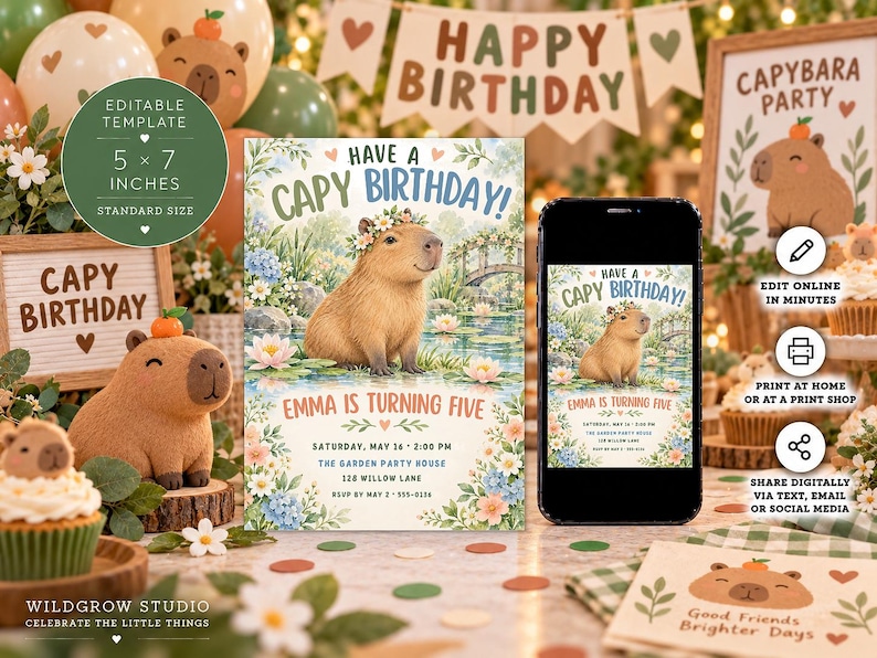 Capybara Birthday Invitation | Editable Cute Kawaii Canva Template ...