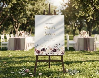 Modèle de plaque de bienvenue rose poudré, plaque de bienvenue de mariage floral mauve 18 x 24, modèle de toile modifiable, affiche de bienvenue aquarelle prune