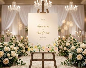 Modèle de plaque de bienvenue florale blanche, plaque de bienvenue de mariage printanier 18 x 24, modèle toile modifiable, affiche de bienvenue jardin aquarelle, élégant