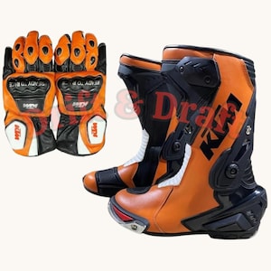 KTM Racing Motorradstiefel und Handschuhe Set | Leder Biker Schutzausrüstung