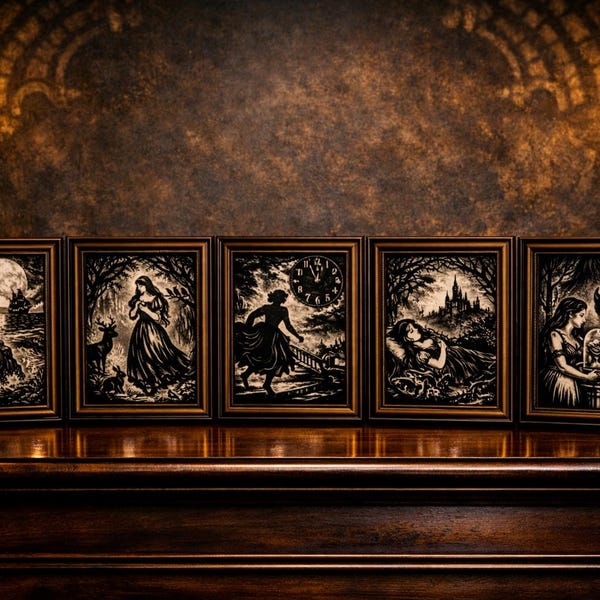Sprookjesgotische lasergegraveerde kunstset – zwarte kartonnen silhouetten (5 x 7 of 8 x 10)