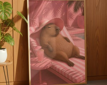 Pink Capybara Wall Art, Funny Animal Pool Print, Feminine Summer Decor, Relaxing Capybara Artwork, Pink Aesthetic Poster