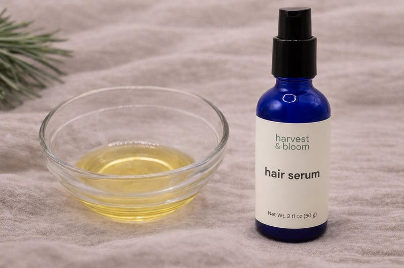 May include: A blue glass bottle with a black pump dispenser containing hair serum, labeled harvest & bloom with a net weight of 2 fl oz (50 g), positioned next to a small clear glass bowl filled with a golden yellow liquid oil.