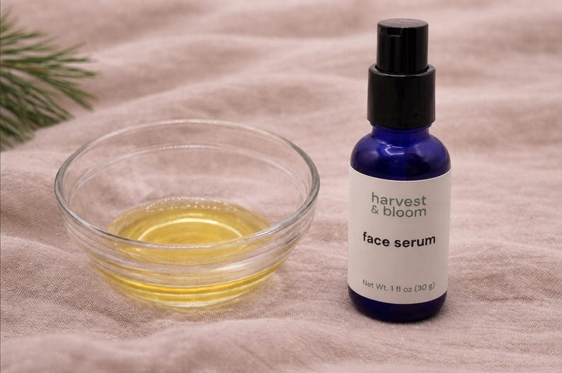 May include: A blue glass bottle of harvest & bloom face serum with a black pump dispenser and a white label reading Net Wt. 1 fl oz (30 g), positioned next to a clear glass bowl containing a small amount of golden yellow liquid oil.