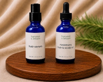 Natural Haircare Set, Waterless Concentrated Botanical Hair Serum and Rosemary Scalp Oil