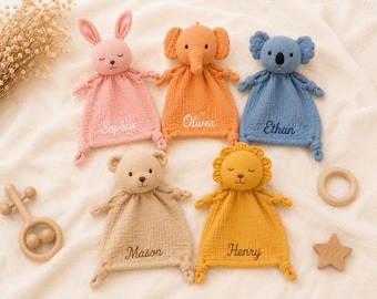 Personalized Baby Security Blanket Organic Cotton Muslin Lovey, Custom Embroidered Name Baby Shower Gift,  1 FREE MOTIF