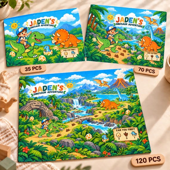 Personalized Dinosaur Puzzle for Kids, Custom Name Wooden Puzzle, Screen-Free Activity, Birthday Gift
