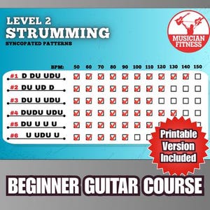 May include: A blue and white graphic for a beginner guitar course. It features strumming patterns, BPM markings, and the text "Level 2 Strumming." A red starburst graphic says "Printable Version Included."