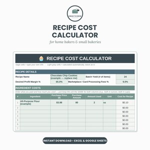 May include: A digital recipe cost calculator spreadsheet for home bakers and small bakeries. The interface features sections for recipe details, ingredient costs, purchase price, amount used, and unit, with a logo reading KNEAD TO KNOW.