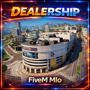 Peut inclure: Vue aérienne d'un bâtiment moderne avec le mot "DEALERSHIP" en orange et bleu au-dessus. Le bâtiment a un design incurvé et est entouré de routes et d'autres bâtiments. Le texte "FiveM Mlo" est en bas.
