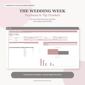 Pode incluir: Uma planilha digital de planejamento de casamento intitulada The Wedding Week Payment & Tip Tracker. A interface apresenta um painel com resumos financeiros, tabelas de status de pagamento e gráficos de barras em tons de rosa, cinza e branco.
