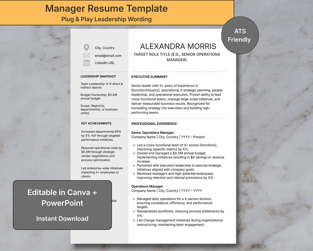 Manager Resume Template, ATS Friendly CV, Canva Powerpoint (instant ...