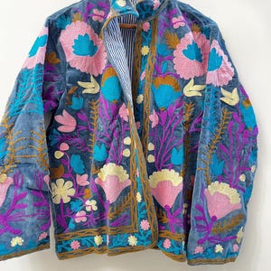 Handmade Suzani Embroidered Jacket, Velvet Boho Coat, Floral Statement Jacket, Artisan Wearable Art, Unique Gift for Women