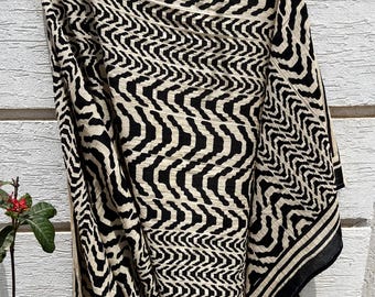 Hand Block Print Cotton Sarong, Black Beige Zigzag Pareo Beach Cover Up
