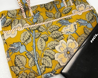 Mustard Floral Quilted Laptop Sleeve, Handmade Block Print MacBook Bag, Boho Cotton Laptop Tote, Padded Computer Case for Women