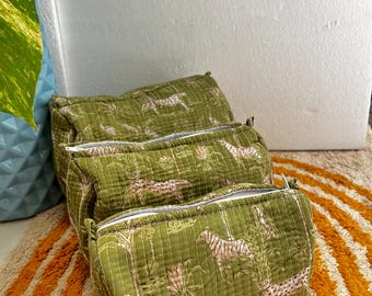 Set de neceseres acolchados con estampado de bloques, estuches cosméticos de algodón verde, organizador de viaje