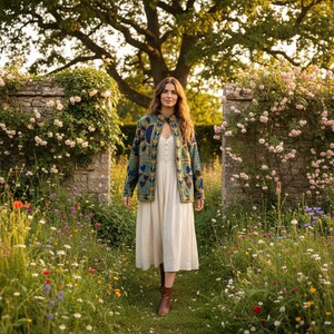 Puede incluir: Una chaqueta de manga larga abierta por delante con base color verde azulado y bordados florales y geom&eacute;tricos multicolores, sobre un vestido midi sencillo de color crema con botones, escote redondo y falda fluida.