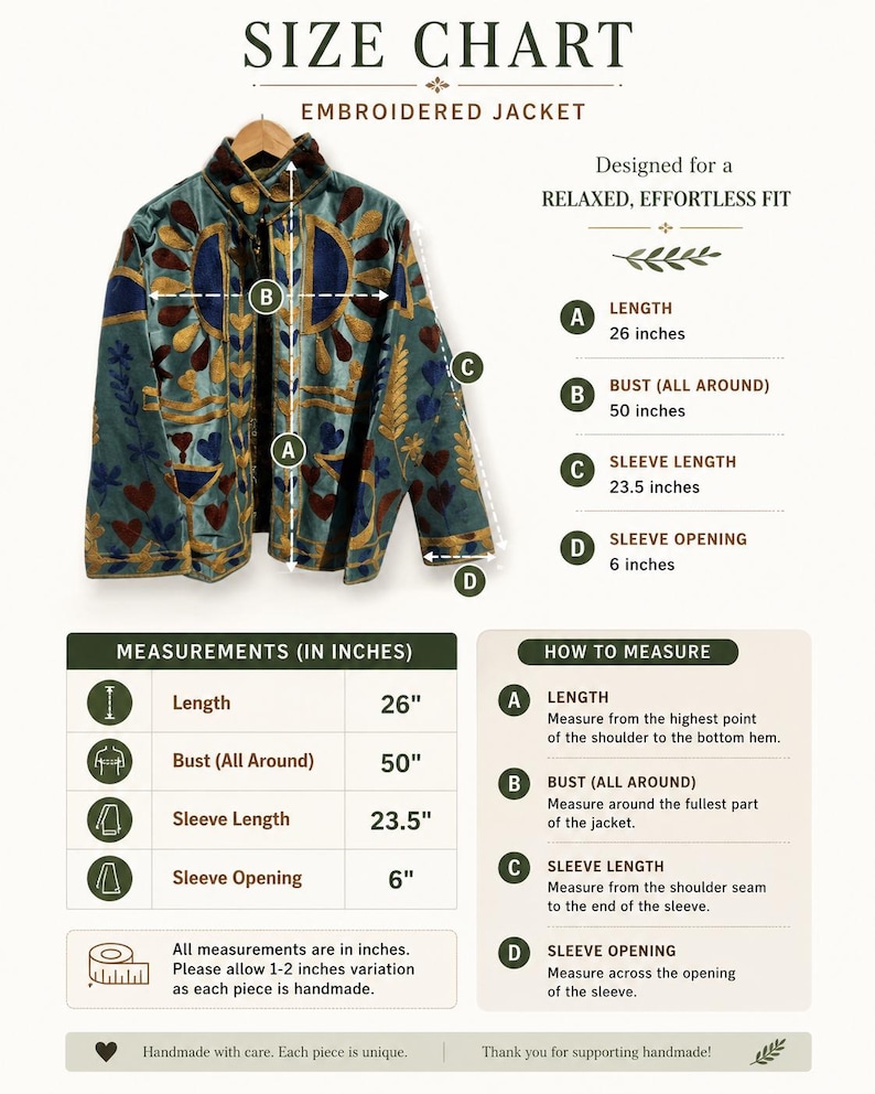 Puede incluir: Una chaqueta verde azulado con bordados florales dorados y azul oscuro. La tabla de tallas muestra medidas en pulgadas: largo 26, busto 50, largo de manga 23.5 y apertura de manga 6. Texto: 'SIZE CHART', 'EMBROIDERED JACKET', 'RELAXED, EFFORTLESS FIT'.