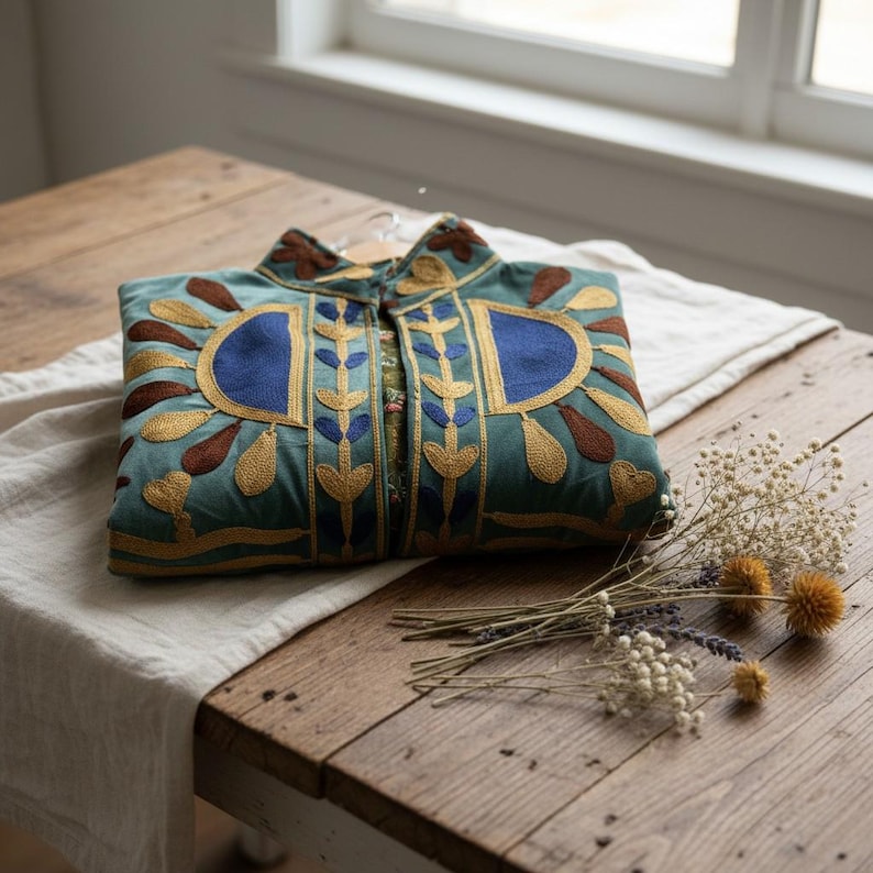 Puede incluir: Una chaqueta de color verde azulado con intrincados bordados en tonos dorados, marrones y azules. El dise&ntilde;o incluye parches azules semicirculares en el pecho, patrones florales verticales y un cuello alto, todo en una disposici&oacute;n plegada.