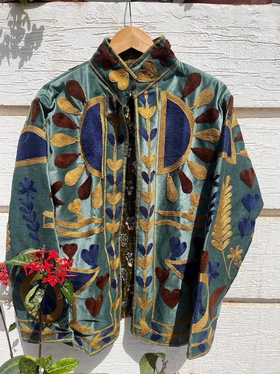 Reversible Suzani Velvet Jacket, Handmade Embroidered Boho Jacket, One of a Kind Artisan Coat for Women