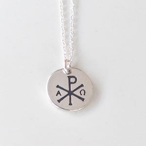 Sterling Silver Chi Rho Necklace with Alpha & Omega, Catholic Christian Symbol Pendant, 18in Chain, Jesus Necklace