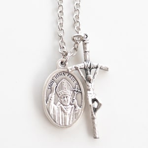 St. John Paul II Medal Necklace - Pope JPII Crucifix - Catholic Confirmation Gifts for Boys or Girls