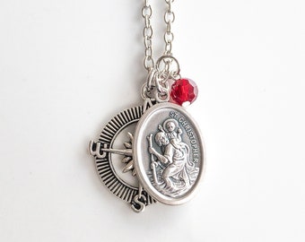 St Christopher Compass Necklace - Graduation Travel Gift - Patron Saint of Travelers - Catholic Saint Jewelry - Charm Necklace