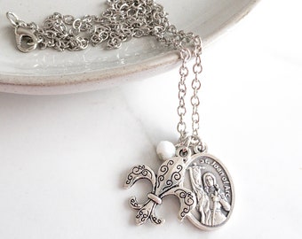 Saint Joan of Arc Necklace - Confirmation Gifts for Girls - Catholic Jewelry - Patron Saint Necklace - Joan of Arc Medal - Fleur de Lis