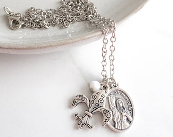 St Joan of Arc Necklace, Catholic Confirmation Gift with Fleur de Lis