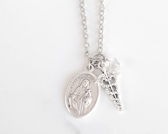 St Catherine of Siena Necklace - Patron Saint of Nurses - Nurse Gift - Confirmation Gifts for Girls -  Catholic Jewelry - Caduceus