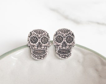 Sugar Skull Stud Earrings - Halloween Jewelry for Women - Day of the Dead - Memento Mori Jewelry - Dia de los Muertos - Spooky Jewelry