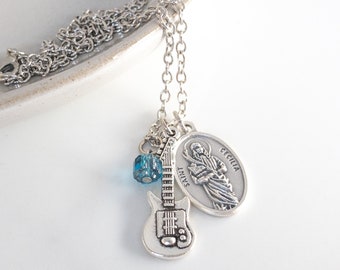 St Cecilia Necklace, Confirmation Gifts for Girls, Gifts for Musicians, Catholic Jewelry, Saint Medal, Guitar Necklace