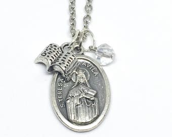 St Teresa of Avila Necklace - Catholic Jewelry - Confirmation Gifts for Girls - Gifts for Book Lovers - Saint Teresa Medal