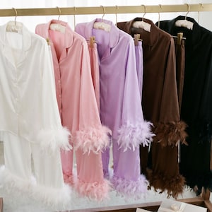 Ostrich Feather Pajama Set, 2 Piece Shirt and Pants, Bridal Party Getting Ready Outfit, Bridesmaid Proposal Gift, Wedding Morning PJs