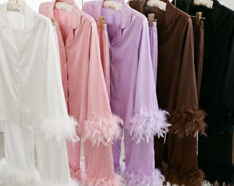 Ostrich Feather Pajama Set, 2 Piece Shirt and Pants, Bridal Party Getting Ready Outfit, Bridesmaid Proposal Gift, Wedding Morning PJs