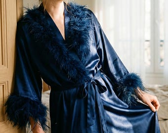 Women's Satin Robe with Feathers, Fluffy Feather Sleeve Robe, Boudoir Photoshoot Outfit, Valentine's Day Gift, Bride to Be