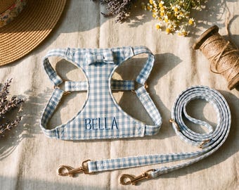 Personalized Gingham Dog Harness Set, Checkered Pet Vest with Matching Leash, Custom Name Puppy Harness, Small Breed Dog Walking Set