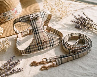 Beige Plaid Dog Harness Set, Custom Name Pet Vest, No Choke Soft Dog Harness & Matching Leash, Puppy Walking Set, Dog Mom Gift