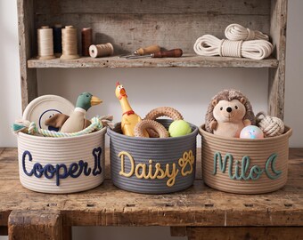 Personalized Pet Toy Basket, Custom Dog Toy Bin, Cotton Rope Toy Storage, New Puppy Gift, Dog Accessories Organizer, Cat Toy Basket