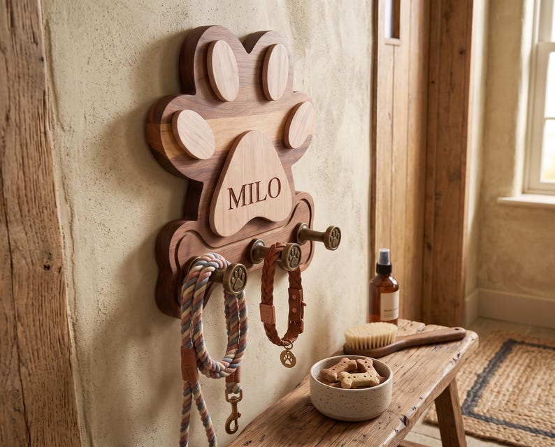 Puede incluir: Un soporte de pared de madera para correas de mascotas con forma de huella y el nombre MILO grabado en la almohadilla central. La placa de madera oscura cuenta con tres ganchos de metal color bronce, cada uno con un dise&ntilde;o de huella peque&ntilde;a.