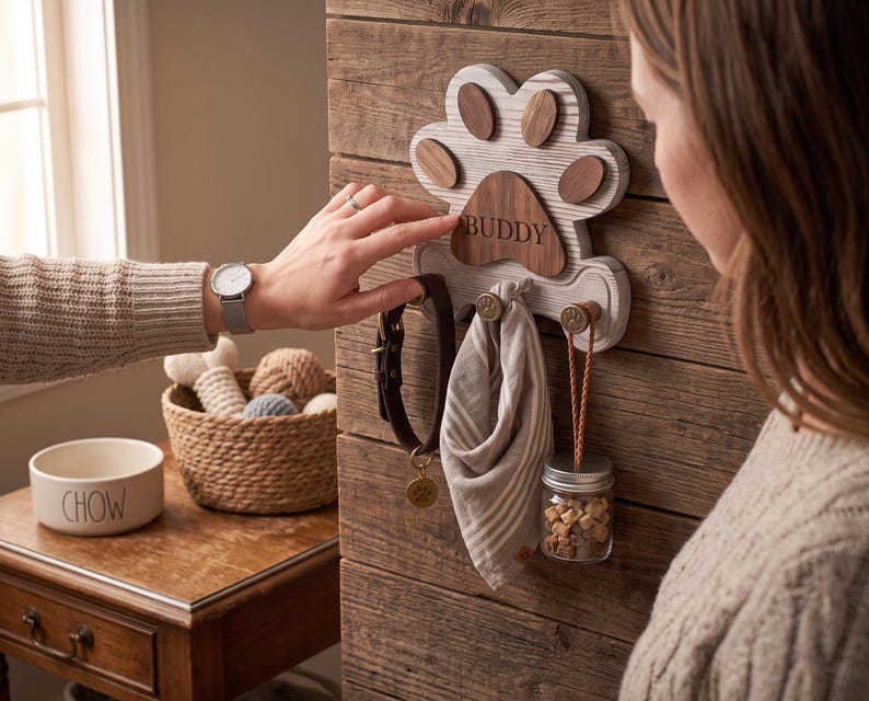 Puede incluir: Un soporte de pared para correas de mascotas hecho de madera con forma de huella y acabado blanco desgastado. La almohadilla central es de madera oscura grabada con el nombre BUDDY. Incluye tres ganchos met&aacute;licos con un collar marr&oacute;n, pa&ntilde;uelo y frasco.