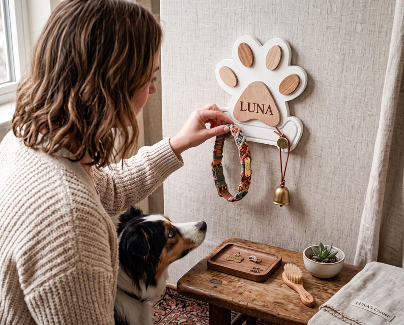 Puede incluir: Un perchero de pared con forma de huella en madera clara y blanca con el nombre LUNA grabado en la almohadilla central. El soporte sostiene un collar de tela estampado y una campana de lat&oacute;n en una correa de cuero. Debajo hay una bandeja de madera con placas de identificaci&oacute;n, un cepillo y una planta.