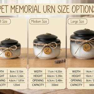 May include: Pet memorial urns in three sizes: small (3.15in wide, 2.6in high), medium (4.33in wide, 3.39in high), and large (5.51in wide, 3.94in high). Each urn has a black lid, a twine bow, and a wooden tag. The text "PET MEMORIAL URN SIZE OPTIONS" is at the top.