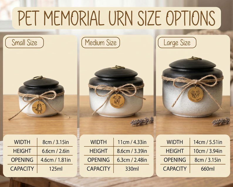 May include: Pet memorial urns in three sizes: small (3.15in wide, 2.6in high), medium (4.33in wide, 3.39in high), and large (5.51in wide, 3.94in high). Each urn has a black lid, a twine bow, and a wooden tag. The text "PET MEMORIAL URN SIZE OPTIONS" is at the top.