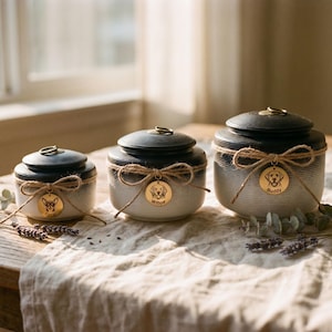 May include: Three ceramic pet urns with black lids and rope accents. Each urn has a gold-colored tag with a pet's name and a dog illustration. The urns are arranged on a wooden table with decorative greenery.