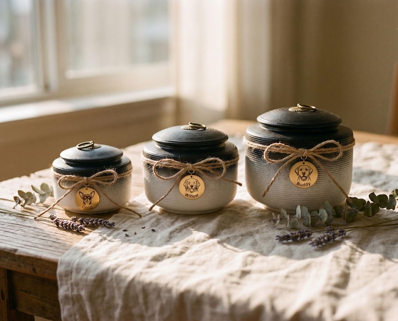 May include: Three ceramic pet urns with black lids and rope accents. Each urn has a gold-colored tag with a pet's name and a dog illustration. The urns are arranged on a wooden table with decorative greenery.