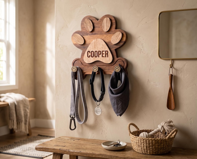Puede incluir: Un soporte de pared para correas de mascotas hecho de madera con forma de huella. La base de madera oscura presenta un centro de madera clara grabado con el nombre COOPER. Tres peque&ntilde;os ganchos con detalles de huellas sostienen una correa gris.