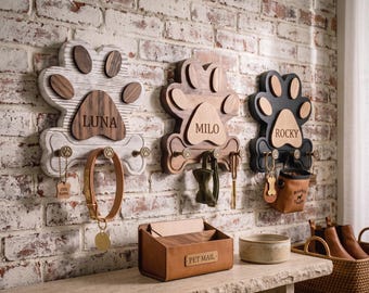 Personalized Dog Leash Holder, Wooden Leash Hook, Pet Lover Gift, Dog Leash Storage, Leash Holder Wall Mount, Dog Paw Decor, Custom Hook